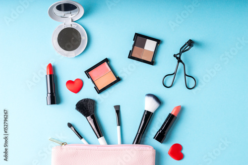 Set of Makeup cosmetics products with bag on top view