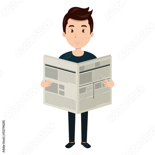 young man reading newspaper avatar character vector illustration design
