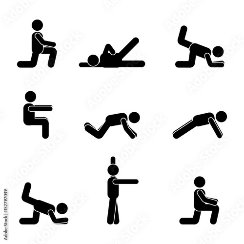 Exercises body workout stretching man stick figure. Healthy life style vector pictogram.