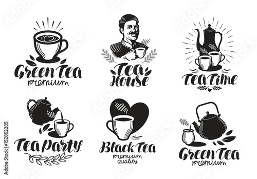 Tea label set. Drink, teapot icon or logo. Handwritten lettering vector illustration