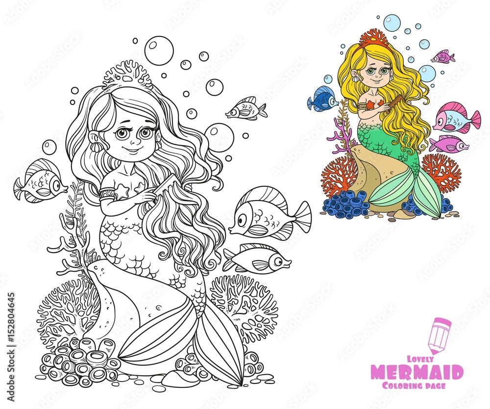Beautiful little mermaid girl sits on a rock and combs her hair with a comb coloring page on a white background