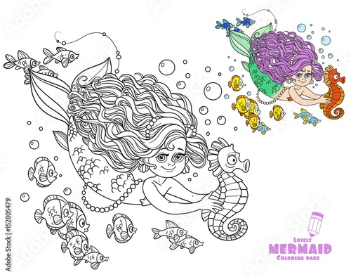 Beautiful little mermaid girl swimming with sea horse in the hands coloring page on a white background