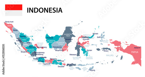 Fotografie, Obraz Indonesia - map and flag – illustration