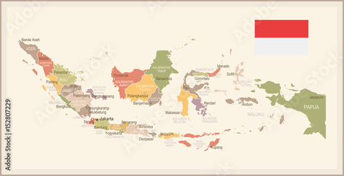Fotografia Indonesia - vintage map and flag - illustration