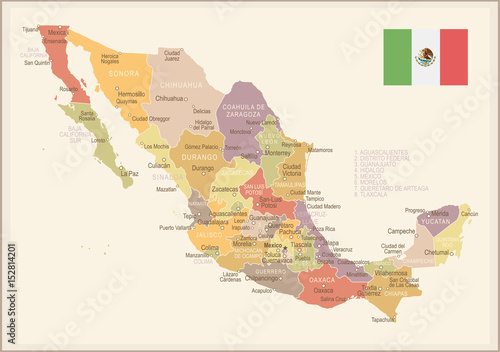 Fotografie, Obraz Mexico - vintage map and flag - illustration