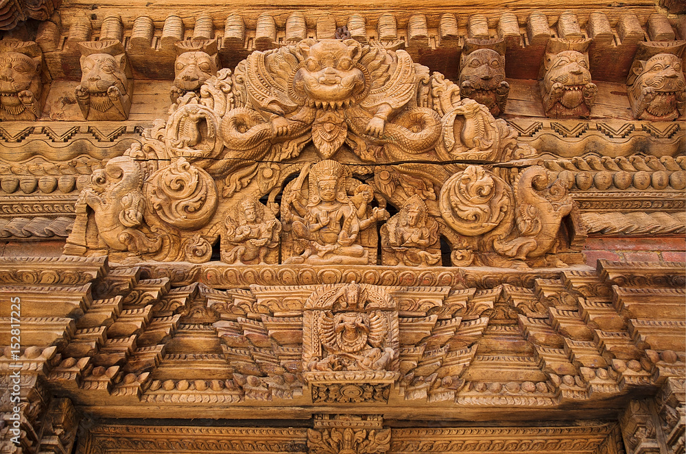 Hindu Temple wooden carved decor of an ancient building of 18 century on  Durbar square, Kathmandu, Nepal, Asia. Architectural detail. Gods in  Hinduism. Stock Photo | Adobe Stock