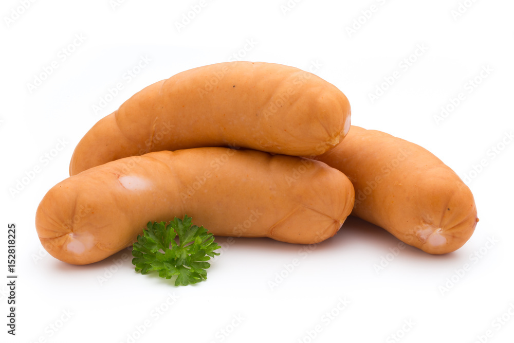 Sausage and spices isolated on white background, fresh delicious frankfurter. Sausage and spices isolated on white background, fresh delicious frankfurter.