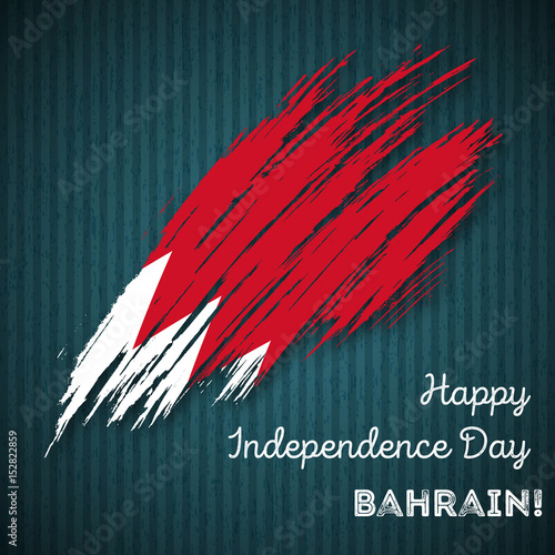 Bahrain Independence Day Patriotic Design. Expressive Brush Stroke in National Flag Colors on dark striped background. Happy Independence Day Bahrain Vector Greeting Card.