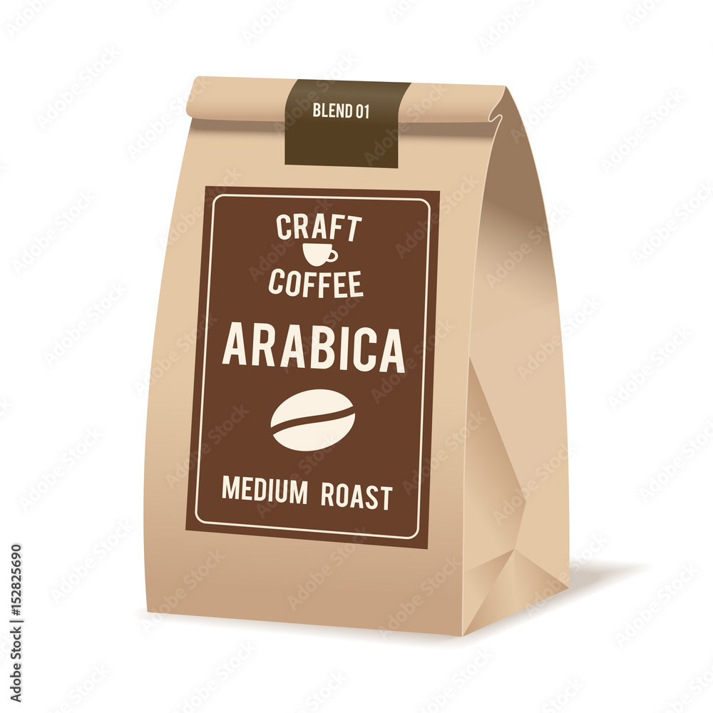 Brown paper food bag package of coffee. Realistic vector mockup template. Vector packaging design. Brown paper food bag package of coffee. Realistic vector mockup template. Vector packaging design.