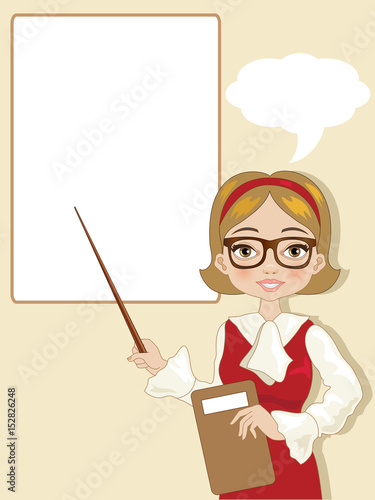 Woman showing something on a sign