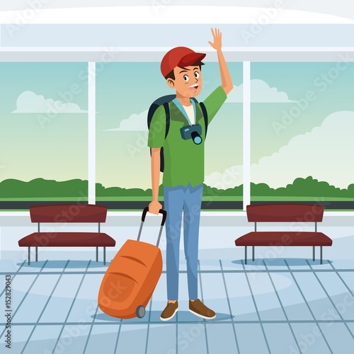 tourist waiting at airport terminal vector illustration