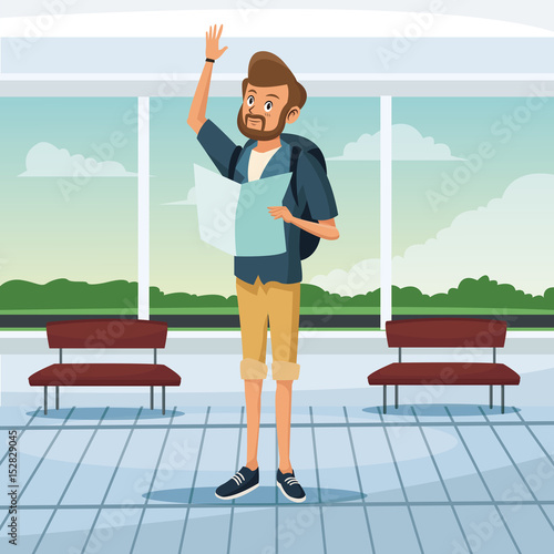 tourist waiting at airport terminal vector illustration
