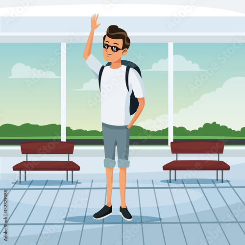 tourist waiting at airport terminal vector illustration