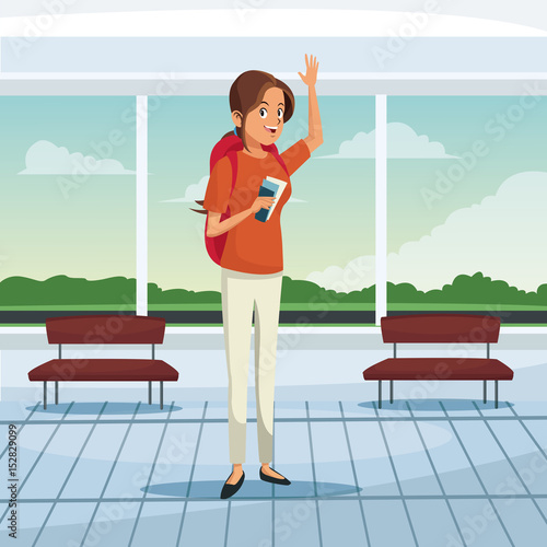 tourist waiting at airport terminal vector illustration