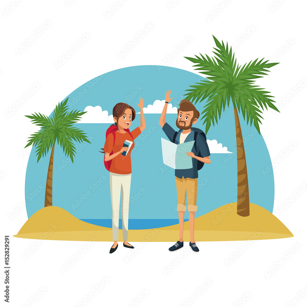 traveler couple beach landscape vacation vector illustration