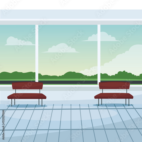 airport waiting room chairs windows landscape clouds vector illustration