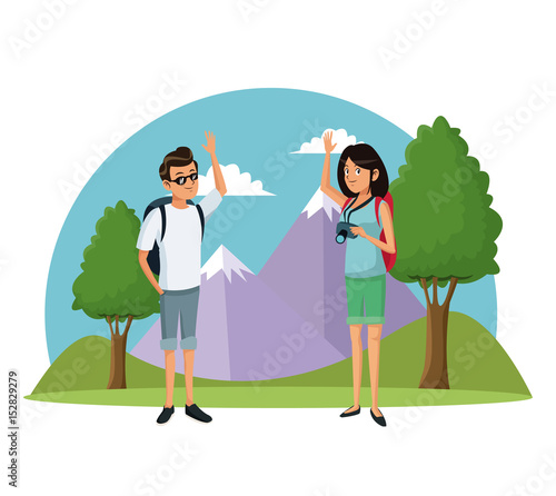 traveler couple mountain landscape vacation vector illustration