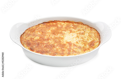 Baking dish with tasty cooked meal on white background