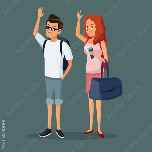 cartoon traveler couple happy with backpacks vector illustration
