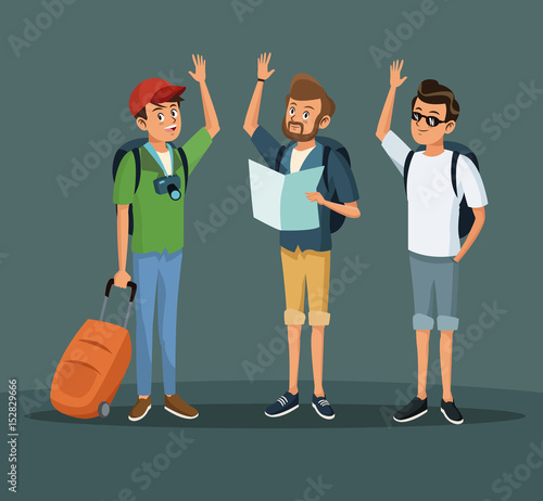 people men traveler tourist luggage smiling vector illustration