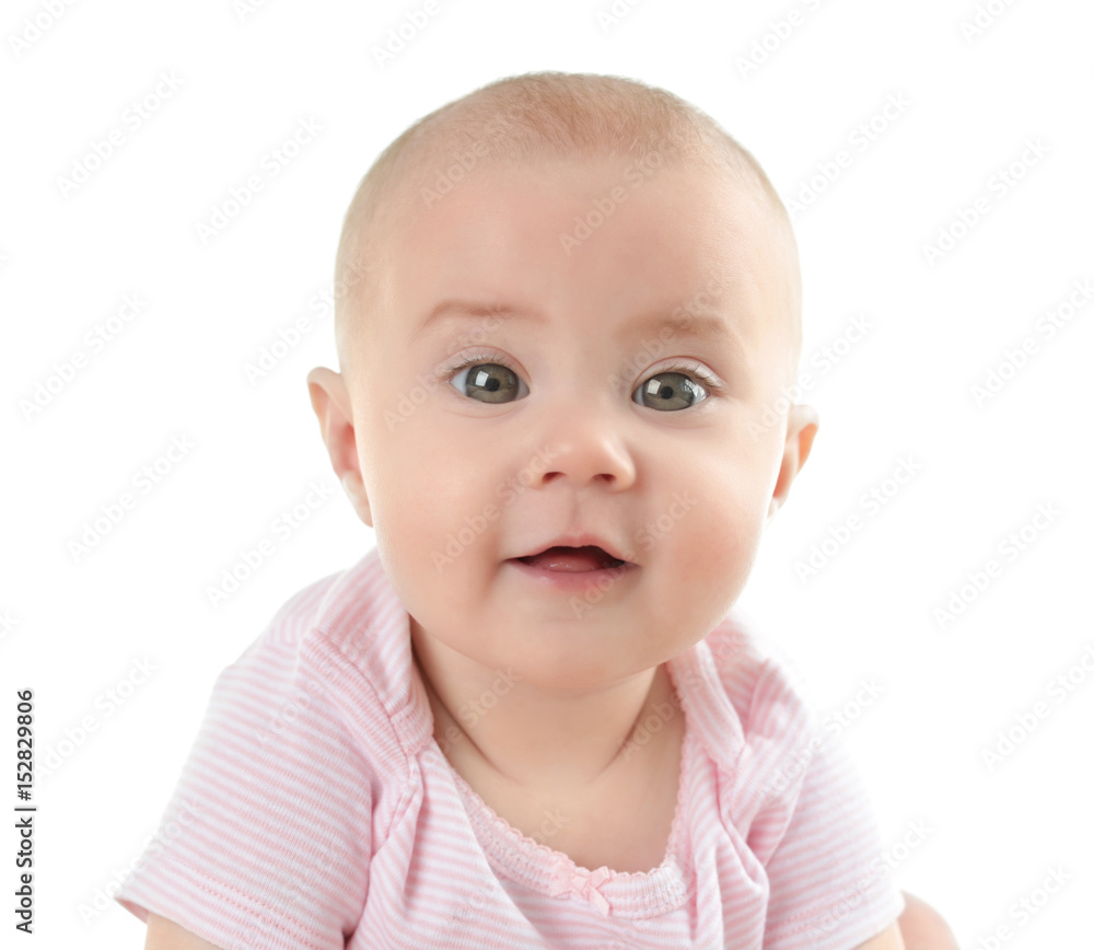 Portrait of adorable baby on white background