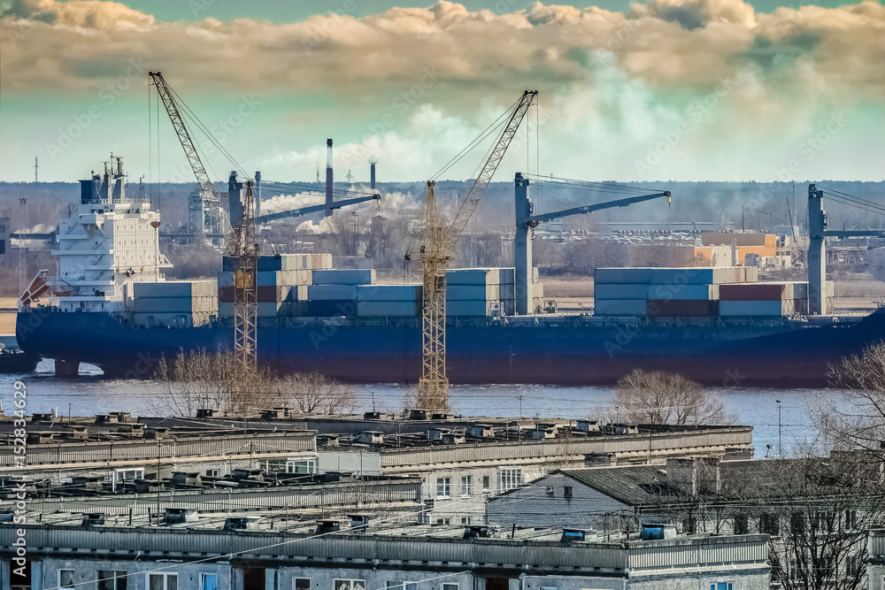 Obraz premium Blue cargo container ship