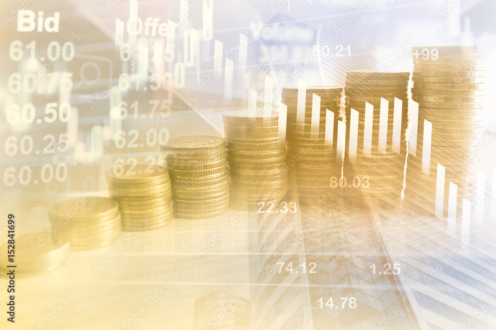 Stack coin money with city background. concept in grow for success in business and finance banking. Double exposure style Stack coin money with city background. concept in grow for success in business and finance banking. Double exposure style