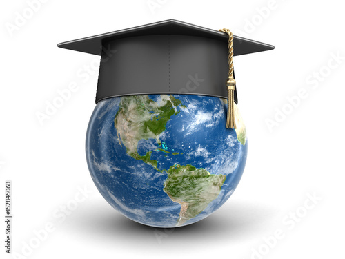 Graduation cap and 3d Globe. Image with clipping path