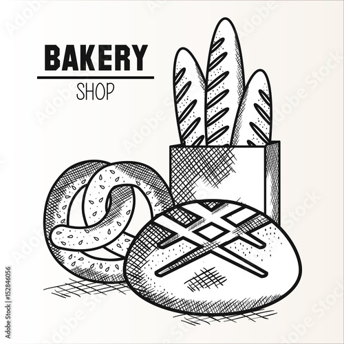 Hand drawn pretzel, bread loaf and baguette over white background. Vector illustration.