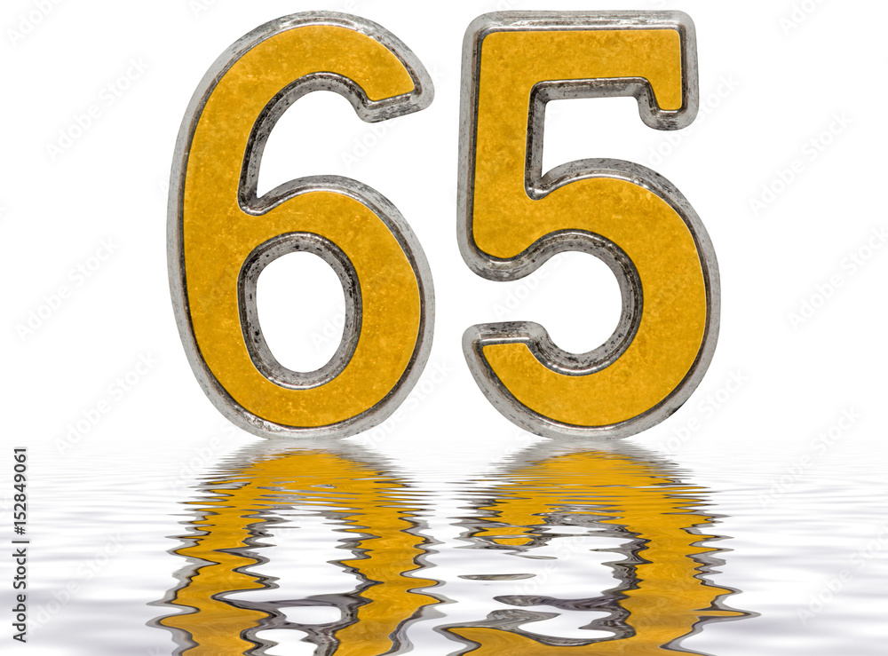 Numeral 65, sixty five, reflected on the water surface, isolated on white, 3d render Numeral 65, sixty five, reflected on the water surface, isolated on white, 3d render
