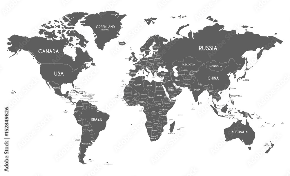 Naklejka Polityczna Światowej mapy wektorowa ilustracja odizolowywająca na białym tle. Edytowalne i wyraźnie oznaczone warstwy.