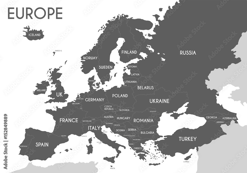 Mapa polityczna Europy w szarym kolorze z białym tłem i nazwami krajów w języku angielskim. Ilustracji wektorowych <span>plik: #152849889 | autor: asantosg</span>