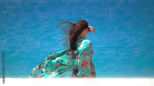 Young Girl with Kimono on Tropical Island, look far away
