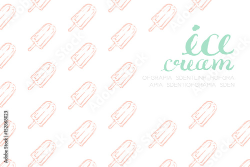 Ice cream popsicle stick pattern hand drawing illustration ink brush style pink color and ice cream text green color isolated on white background, with copy space