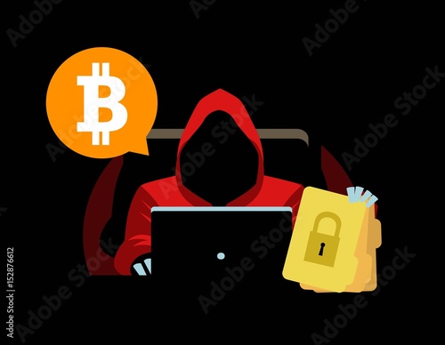 hoodie hacker with locked files using a computer asking for bitcoin criptocurrency money