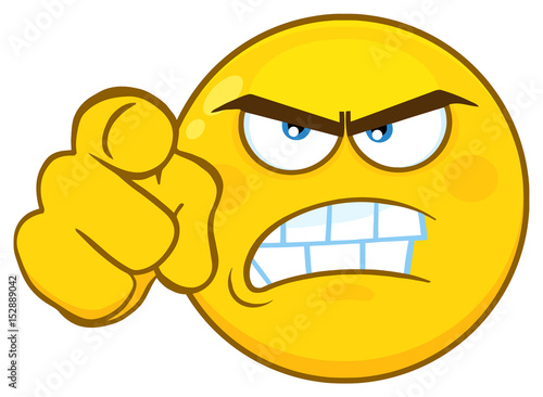 Angry Yellow Cartoon Emoji Face Character With Aggressive Expressions Pointing. Illustration Isolated On White Background