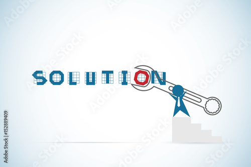 businessman use wrench to screwing nut on solution word, idea and business concept