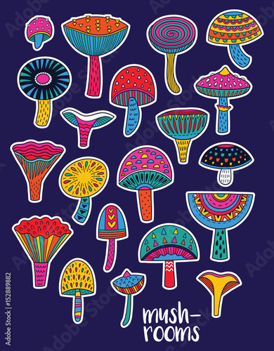 Mushrooms stickers set in hallucinogenic colors