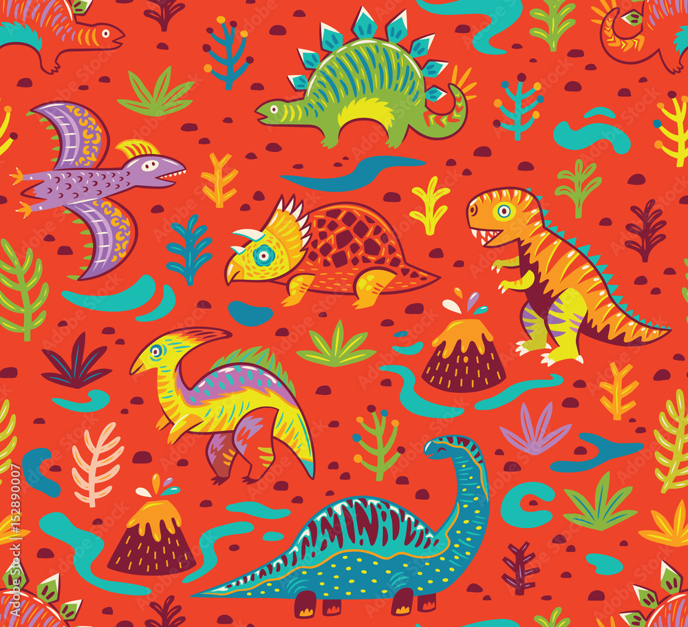 Fototapeta premium Seamless pattern with cartoon dinosaurs