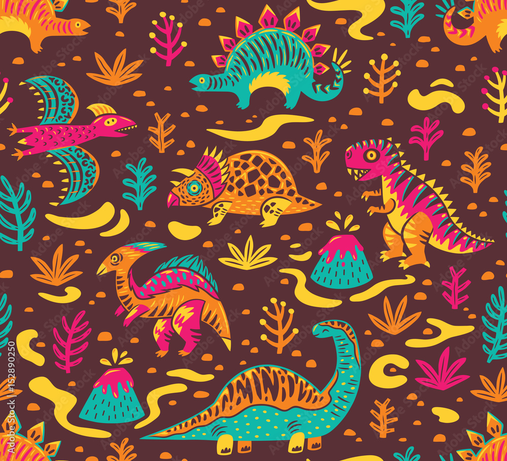 Obraz premium Seamless pattern with cartoon dinosaurs