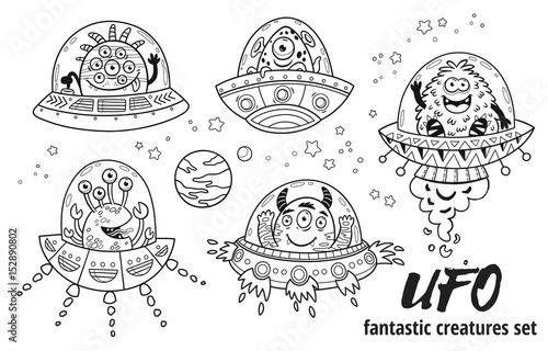 UFO. Fantastic creatures set in outline. Vector illustration. Coloring book