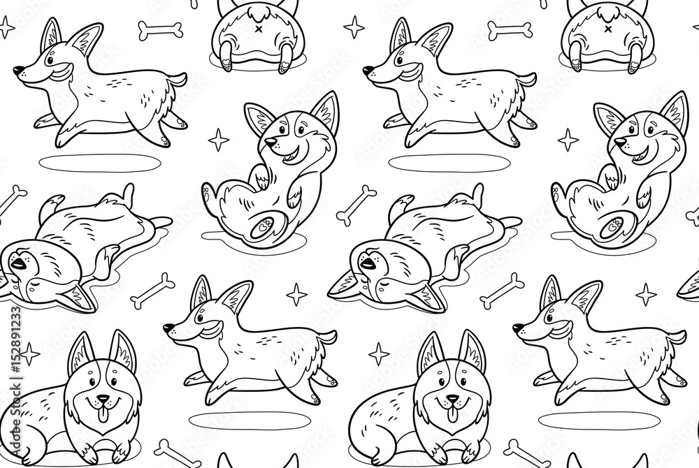 Fototapeta premium Corgi seamless pattern in outline. Funny background with cartoon dogs