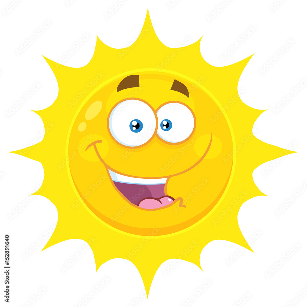 Happy Yellow Sun Cartoon Emoji Face Character With Expression. Illustration Isolated On White Background