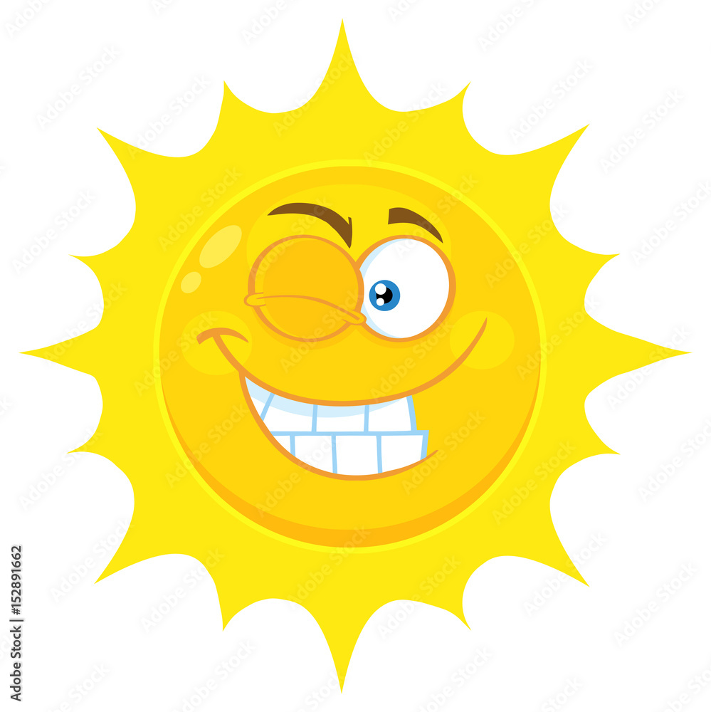 Winking Yellow Sun Cartoon Emoji Face Character With Smiling Expression. Illustration Isolated On White Background