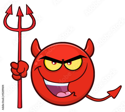 Red Devil Cartoon Emoji Face Character With Evil Expressions Holding A Trident. Illustration Isolated On White Background