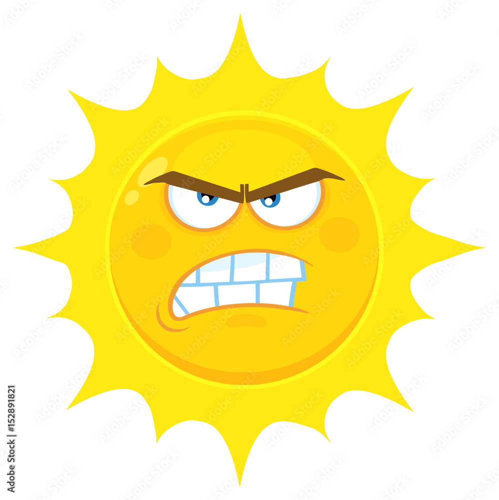Angry Yellow Sun Cartoon Emoji Face Character With Aggressive Expressions. Illustration Isolated On White Background