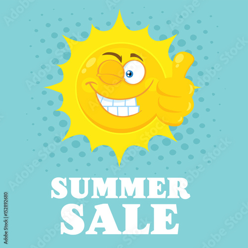 Smiling Yellow Sun Cartoon Emoji Face Character With Wink Expression Giving A Thumb Up. Illustration With Blue Halftone Background And Text Summer Sale