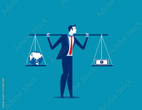 Businessman with globe and banknote in balance or imbalance. Concept business vector illustration.