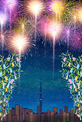 七夕　竹　花火　背景