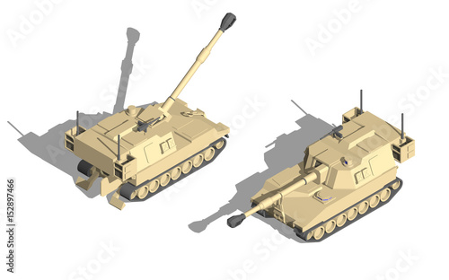 Military Transportation isometric vector. self propelled howitzer vehicle.